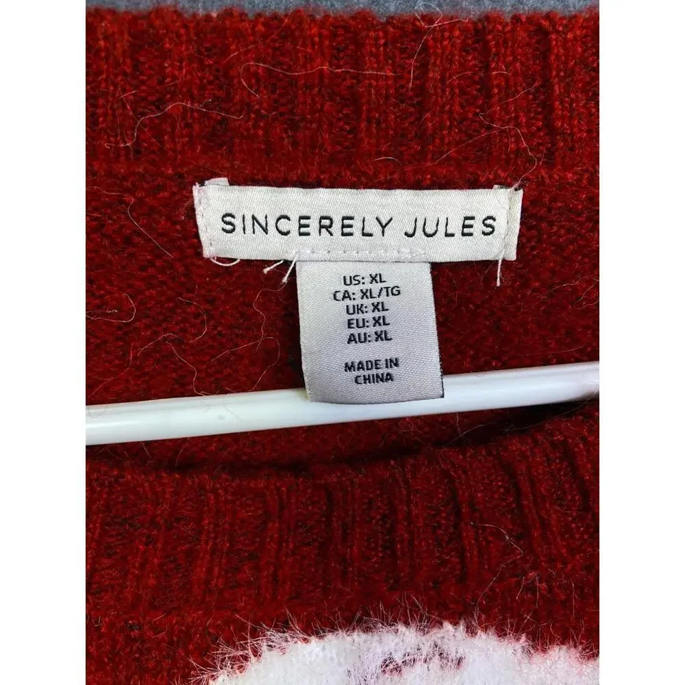 Sincerely Jules Sweater Women XLarge Red Pullover Mock Neck White Bow Preppy